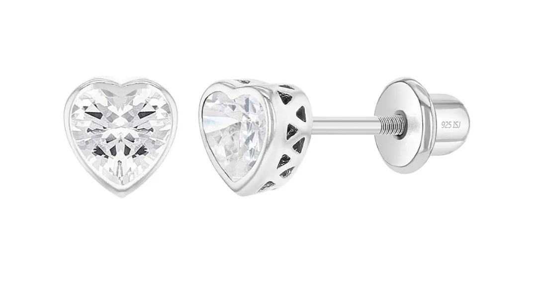 Baby and Children's Earrings:  Sterling Silver Bezel Set Pink Tourmaline CZ Hearts with Screw Backs