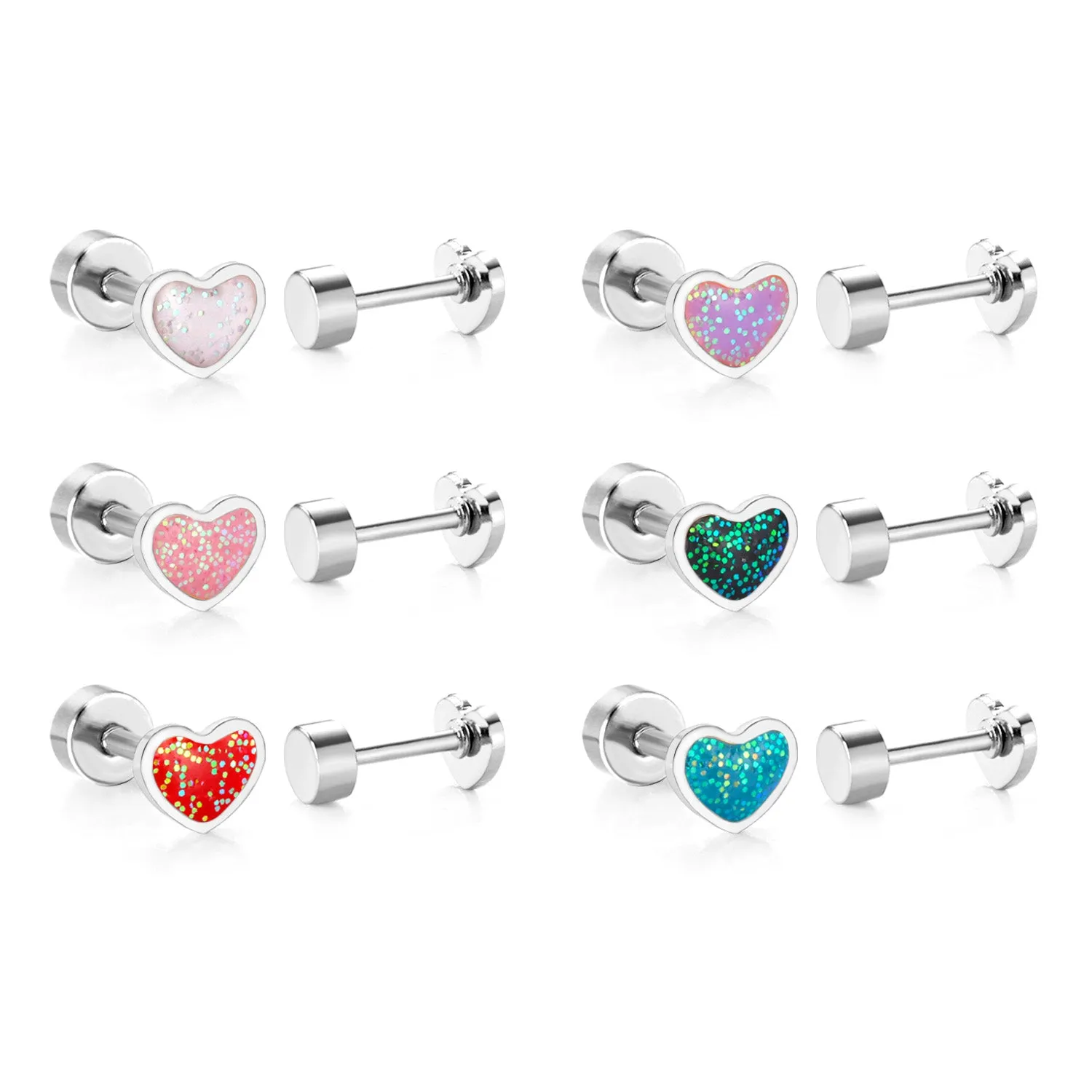 Baby Earrings:  Surgical Steel, Glitter Enamel Heart Earrings with Screw Backs