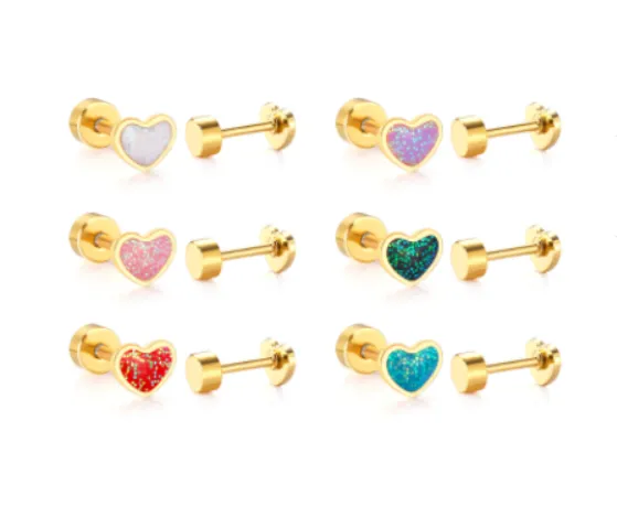 Baby Earrings:  Surgical Steel, Gold IP, Emerald Glitter Enamel Heart Earrings with Screw Backs