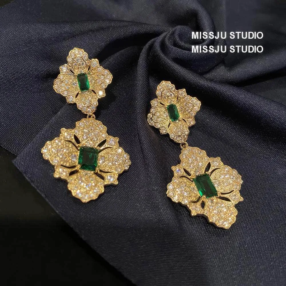 Baroque Emerald Gemstone Paved Crystal Gold Earrings
