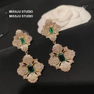 Baroque Emerald Gemstone Paved Crystal Gold Earrings