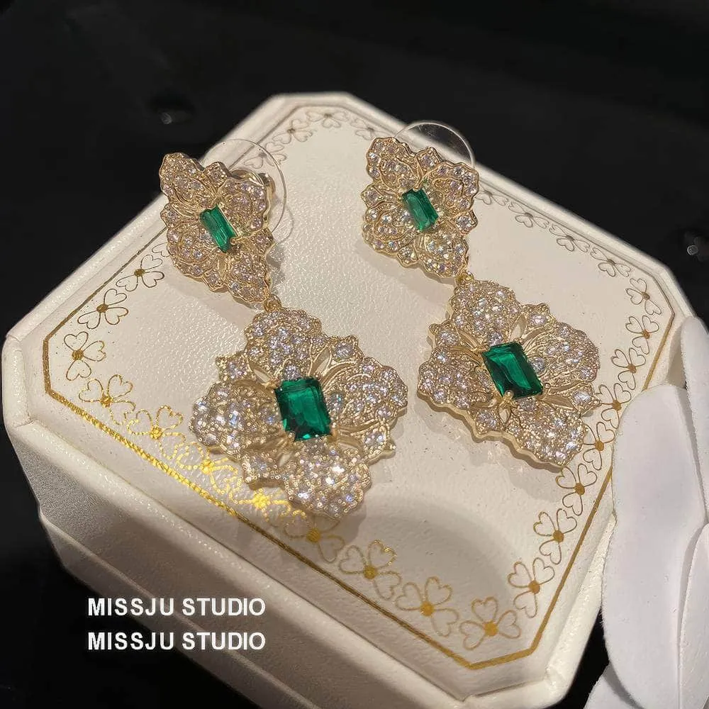 Baroque Emerald Gemstone Paved Crystal Gold Earrings
