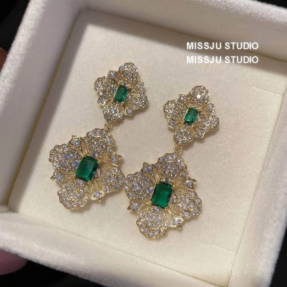 Baroque Emerald Gemstone Paved Crystal Gold Earrings
