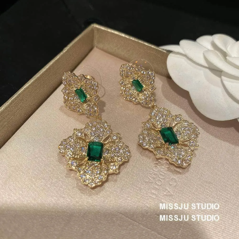 Baroque Emerald Gemstone Paved Crystal Gold Earrings