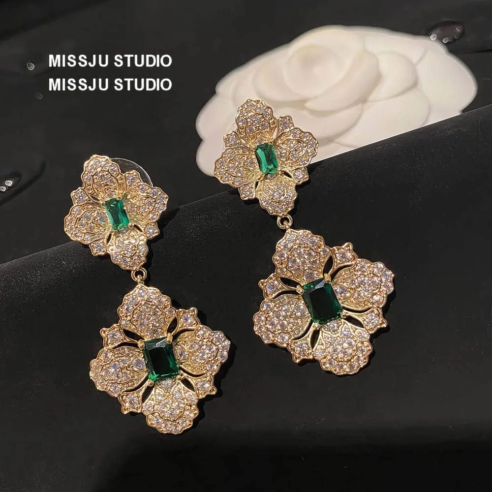 Baroque Emerald Gemstone Paved Crystal Gold Earrings