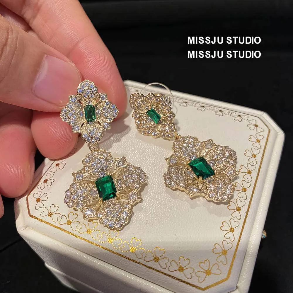 Baroque Emerald Gemstone Paved Crystal Gold Earrings