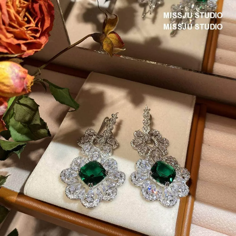 Baroque Luxury Emerald Crystal Inlaid Silver Earrings