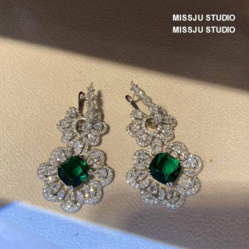 Baroque Luxury Emerald Crystal Inlaid Silver Earrings