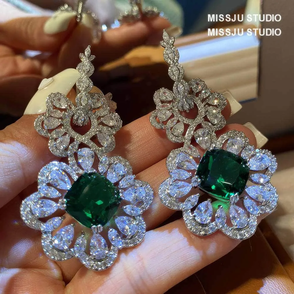 Baroque Luxury Emerald Crystal Inlaid Silver Earrings