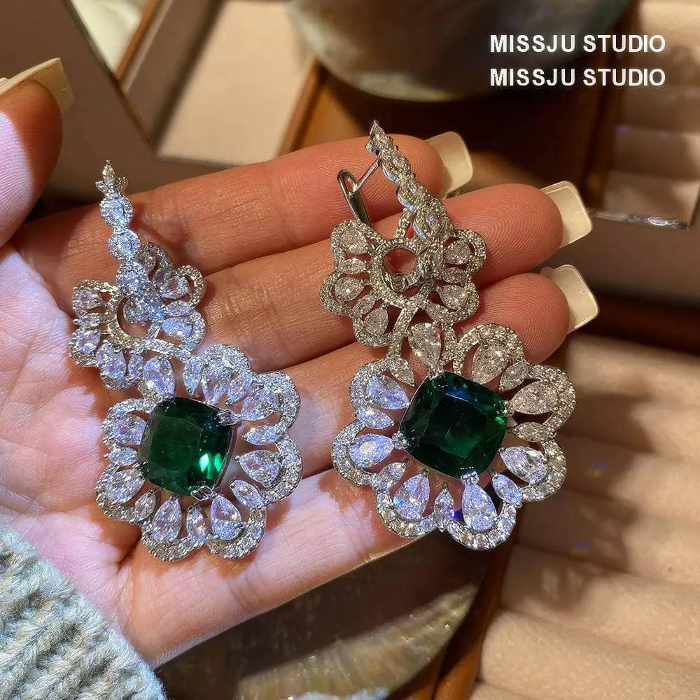 Baroque Luxury Emerald Crystal Inlaid Silver Earrings