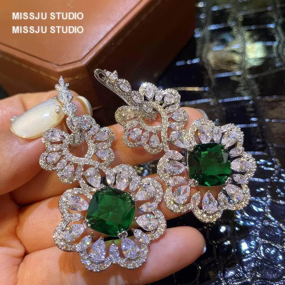 Baroque Luxury Emerald Crystal Inlaid Silver Earrings