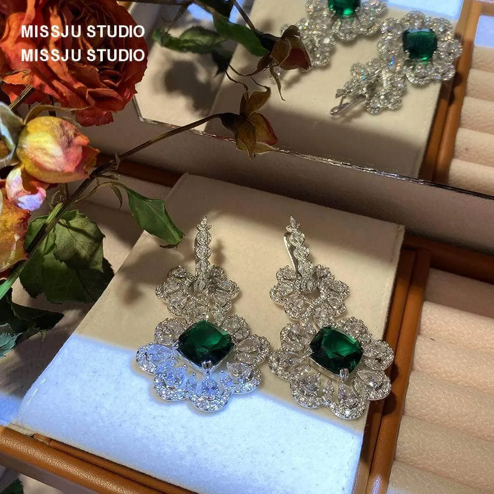 Baroque Luxury Emerald Crystal Inlaid Silver Earrings