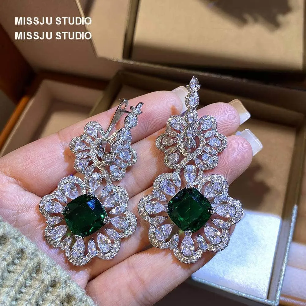 Baroque Luxury Emerald Crystal Inlaid Silver Earrings