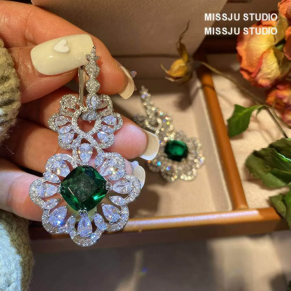 Baroque Luxury Emerald Crystal Inlaid Silver Earrings