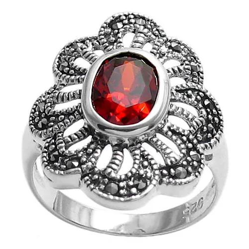 Beautiful Marcasite Flower Ring with Blood Red CZ Center Stone in Sterling Silver.