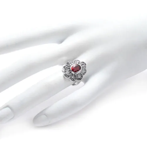 Beautiful Marcasite Flower Ring with Blood Red CZ Center Stone in Sterling Silver.