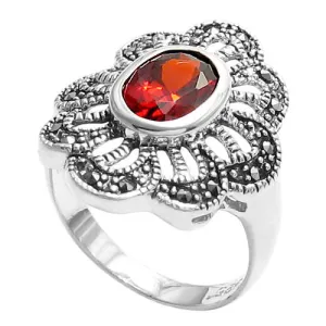 Beautiful Marcasite Flower Ring with Blood Red CZ Center Stone in Sterling Silver.