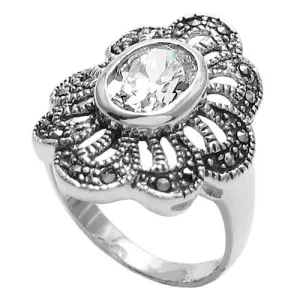Beautiful Marcasite Flower Ring with Clear CZ Center Stone in Sterling Silver.