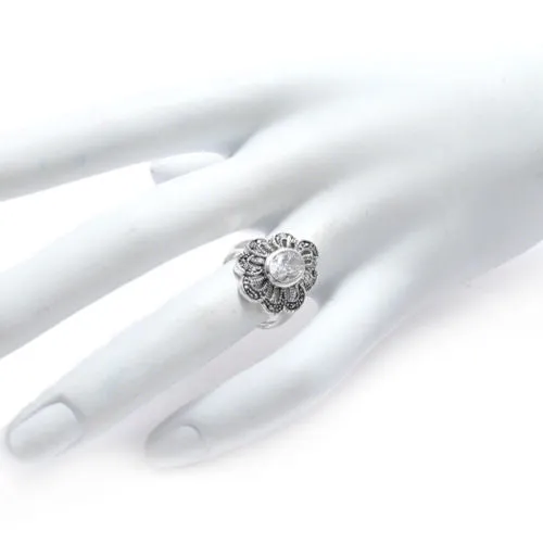 Beautiful Marcasite Flower Ring with Clear CZ Center Stone in Sterling Silver.