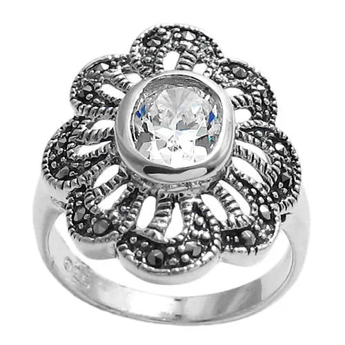 Beautiful Marcasite Flower Ring with Clear CZ Center Stone in Sterling Silver.
