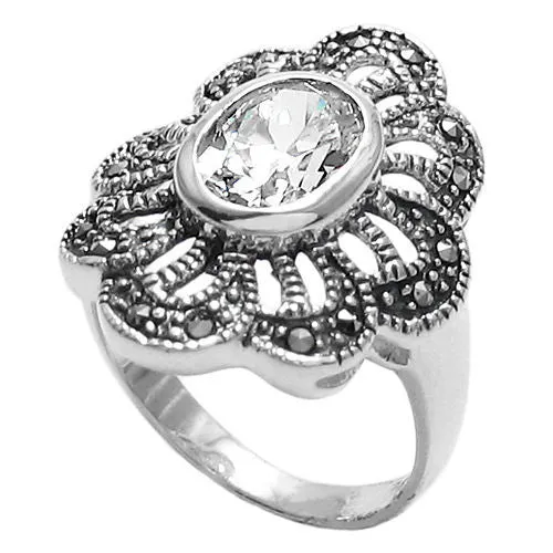 Beautiful Marcasite Flower Ring with Clear CZ Center Stone in Sterling Silver.