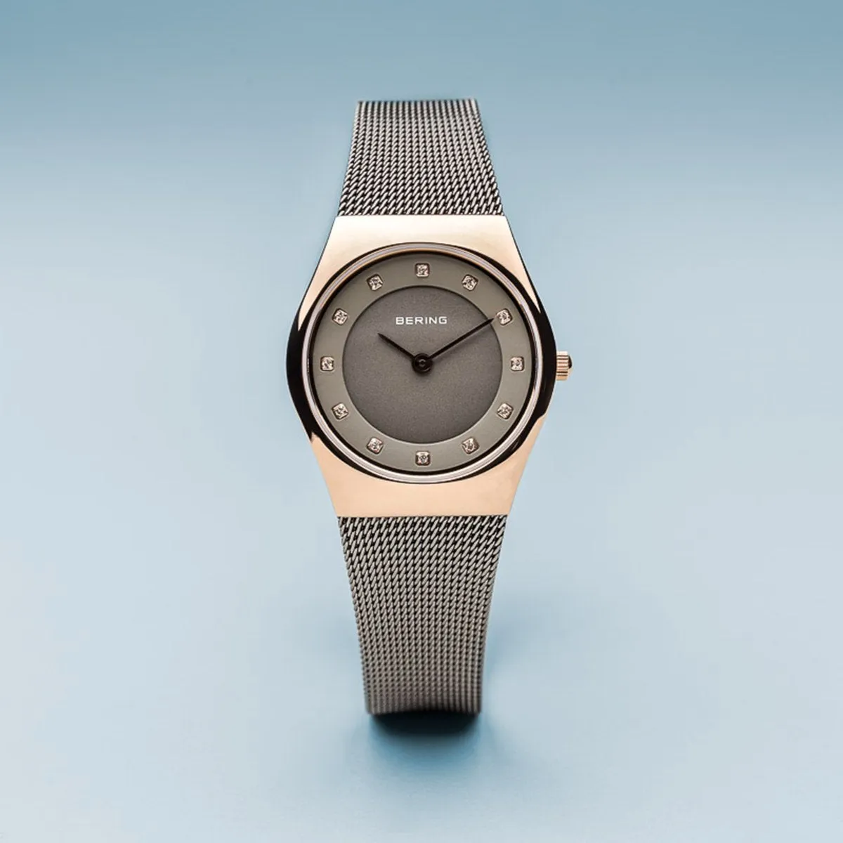 Bering Classic Polished Rose Gold Grey Mesh Watch