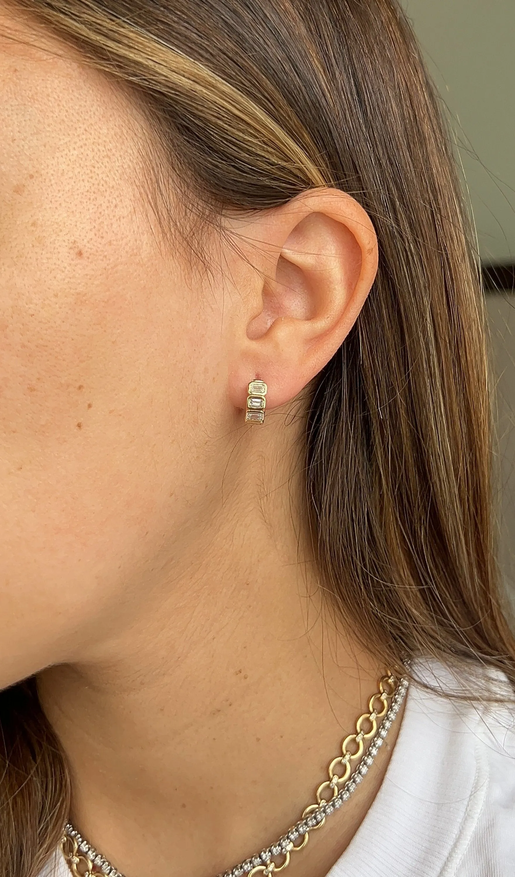 Bezel Emerald Cut Diamond Huggies