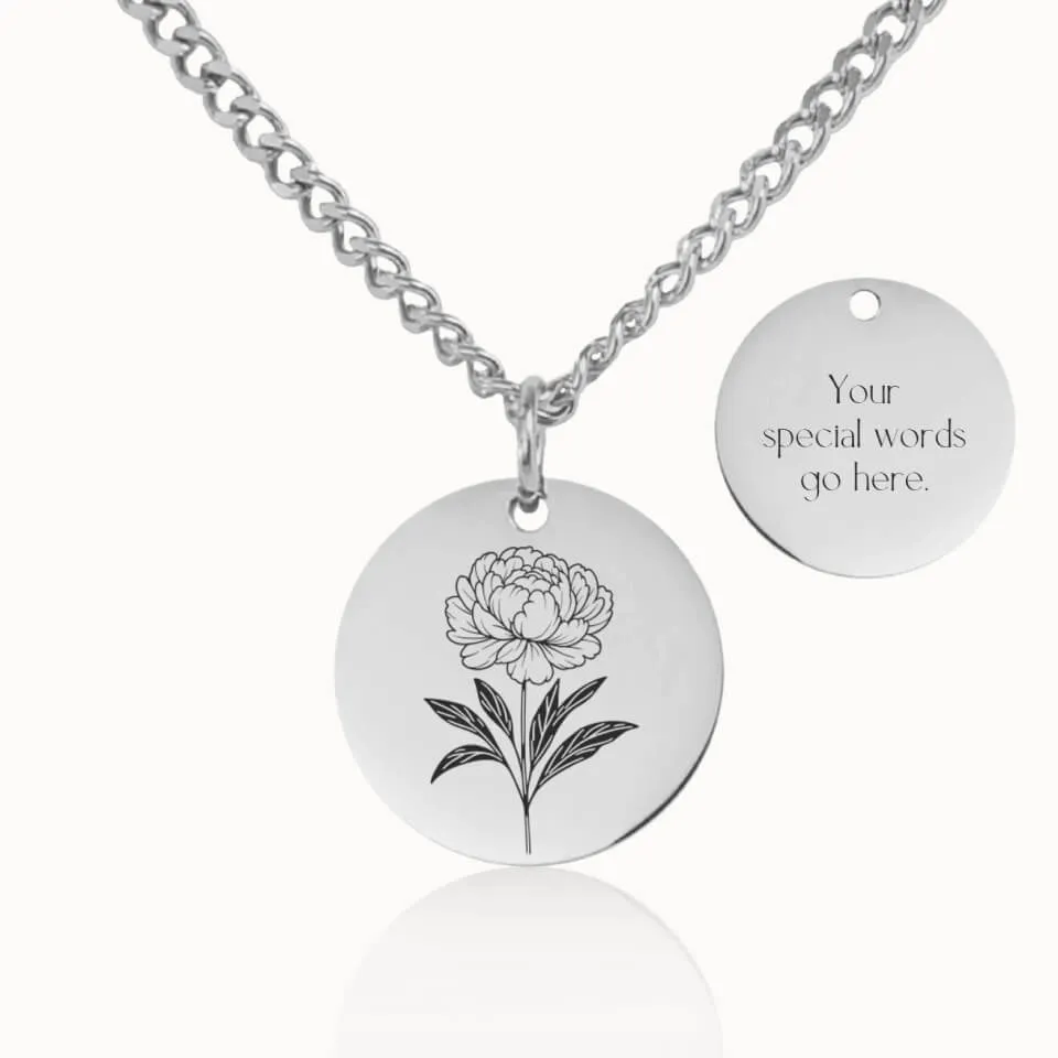 Birth Flower Coin Pendant on Cuban Chain