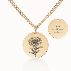 Birth Flower Coin Pendant on Cuban Chain