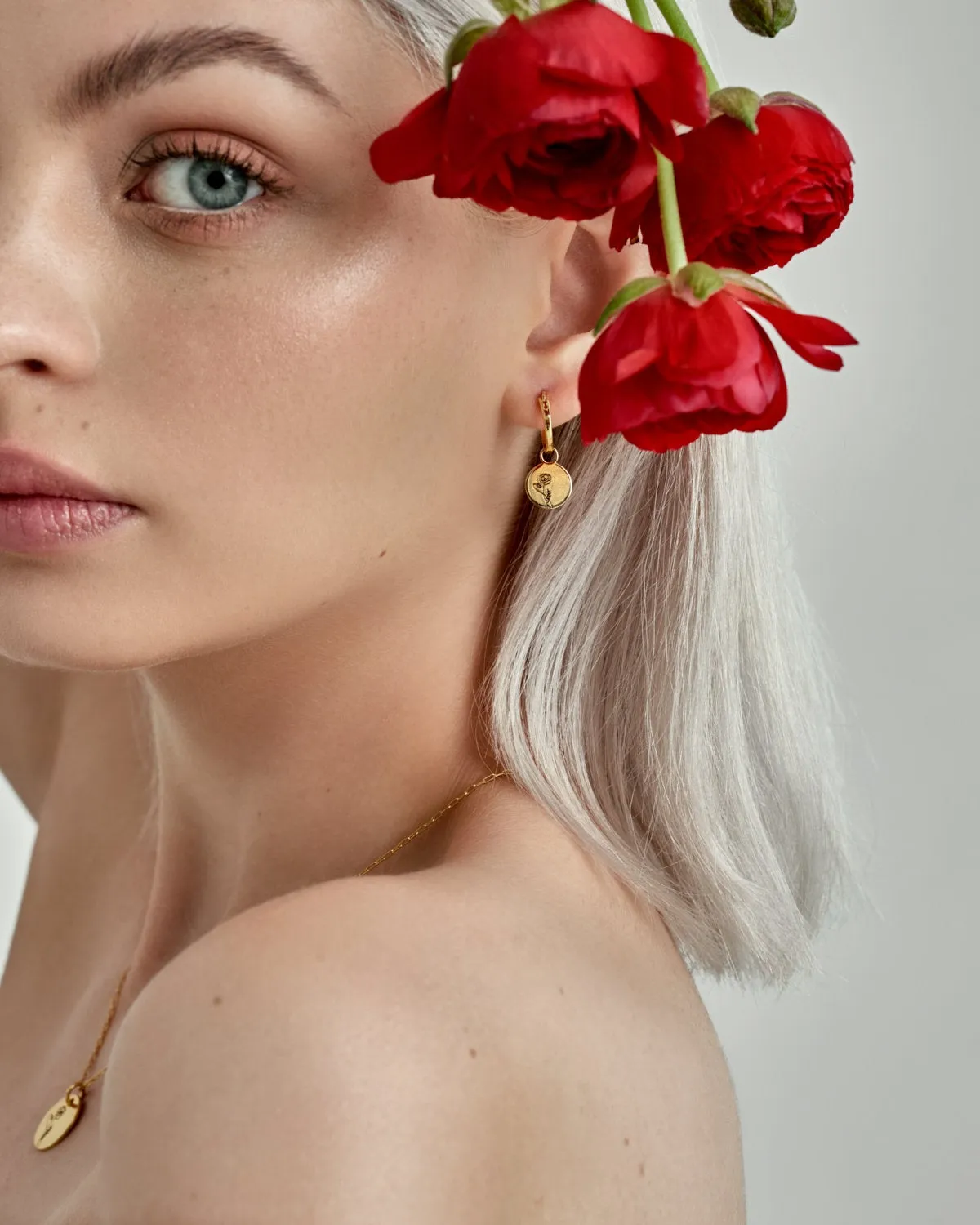 Birth Month Flower SET - dainty flower coin pendant necklace   gold huggie hoop earrings astrology birth month zodiac personalized gift 925