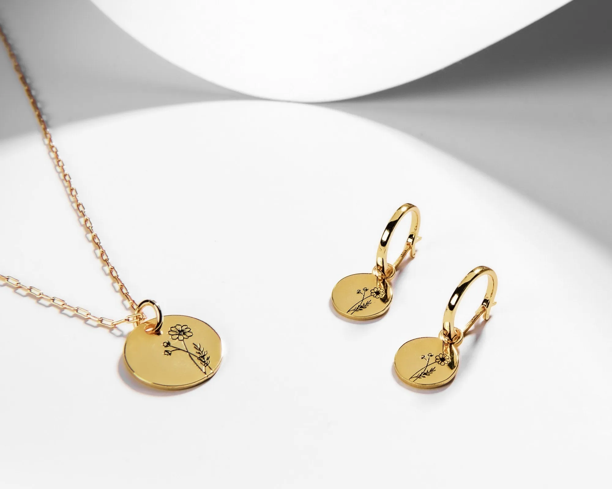 Birth Month Flower SET - dainty flower coin pendant necklace   gold huggie hoop earrings astrology birth month zodiac personalized gift 925