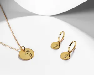 Birth Month Flower SET - dainty flower coin pendant necklace   gold huggie hoop earrings astrology birth month zodiac personalized gift 925
