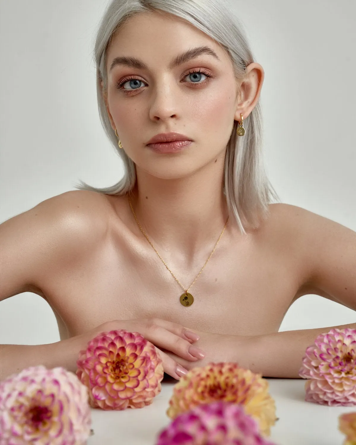 Birth Month Flower SET - dainty flower coin pendant necklace   gold huggie hoop earrings astrology birth month zodiac personalized gift 925