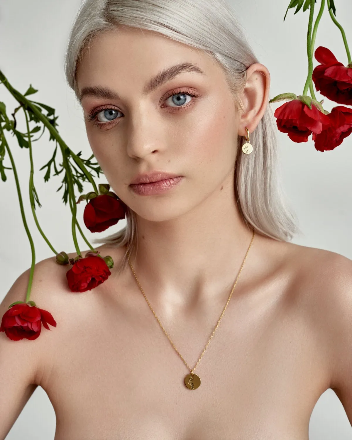 Birth Month Flower SET - dainty flower coin pendant necklace   gold huggie hoop earrings astrology birth month zodiac personalized gift 925