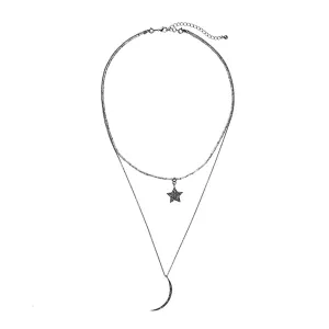Black Cubic Zirconia & Gunmetal-Tone Moon & Star Layered Necklace