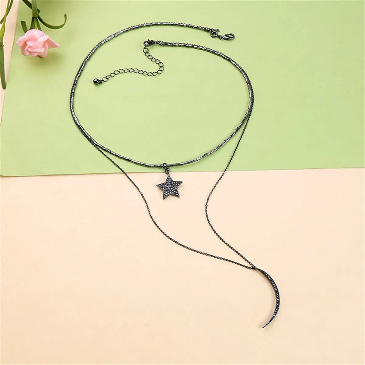 Black Cubic Zirconia & Gunmetal-Tone Moon & Star Layered Necklace