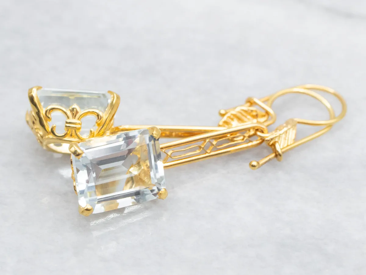 Blue Topaz Gold Filigree Bar Drop Earrings