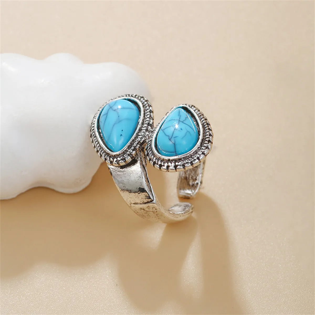 Blue Turquoise & Silver-Plated Drop Open Ring