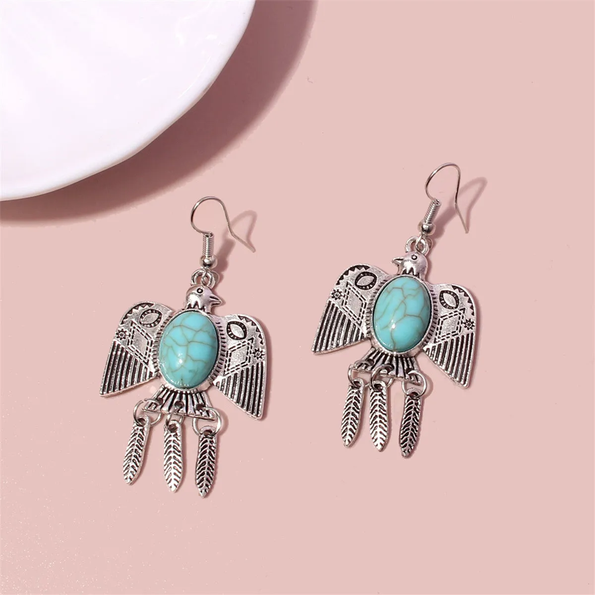 Blue Turquoise & Silver-Plated Swallow Drop Earrings