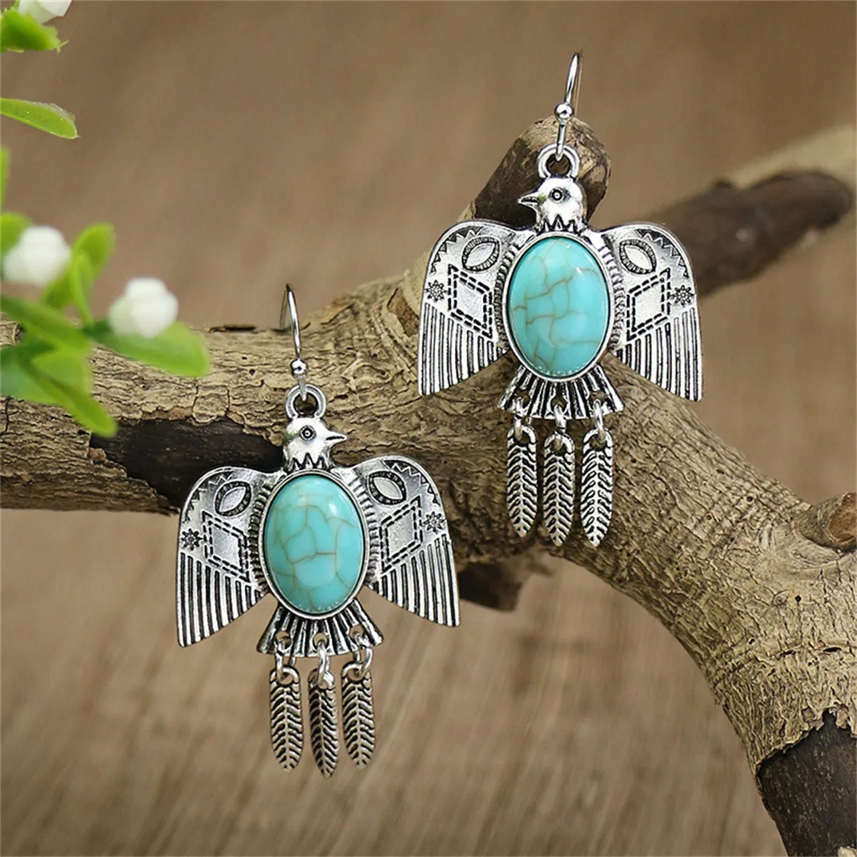 Blue Turquoise & Silver-Plated Swallow Drop Earrings