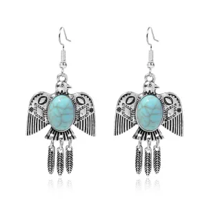 Blue Turquoise & Silver-Plated Swallow Drop Earrings