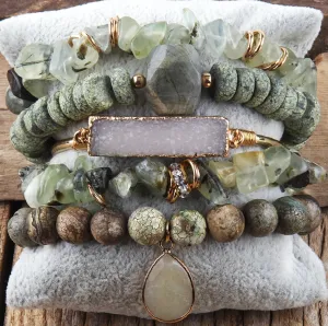 Boho & Mala Green Stone Mix Elastic Bracelet Stackable Sets BS1004