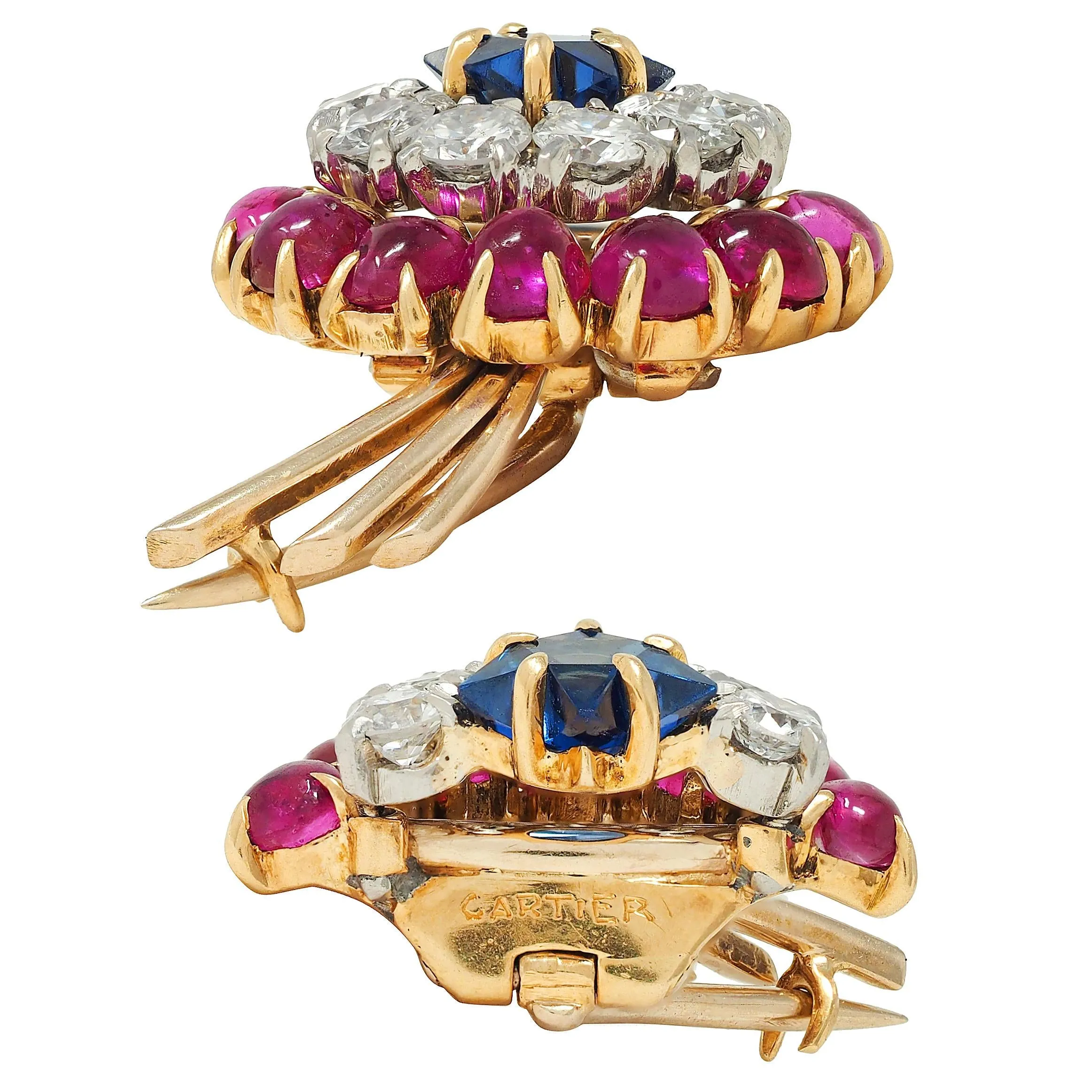 Cartier Retro 14 Karat Yellow Gold Diamond Ruby Sapphire Vintage Shooting Star Unisex Brooch