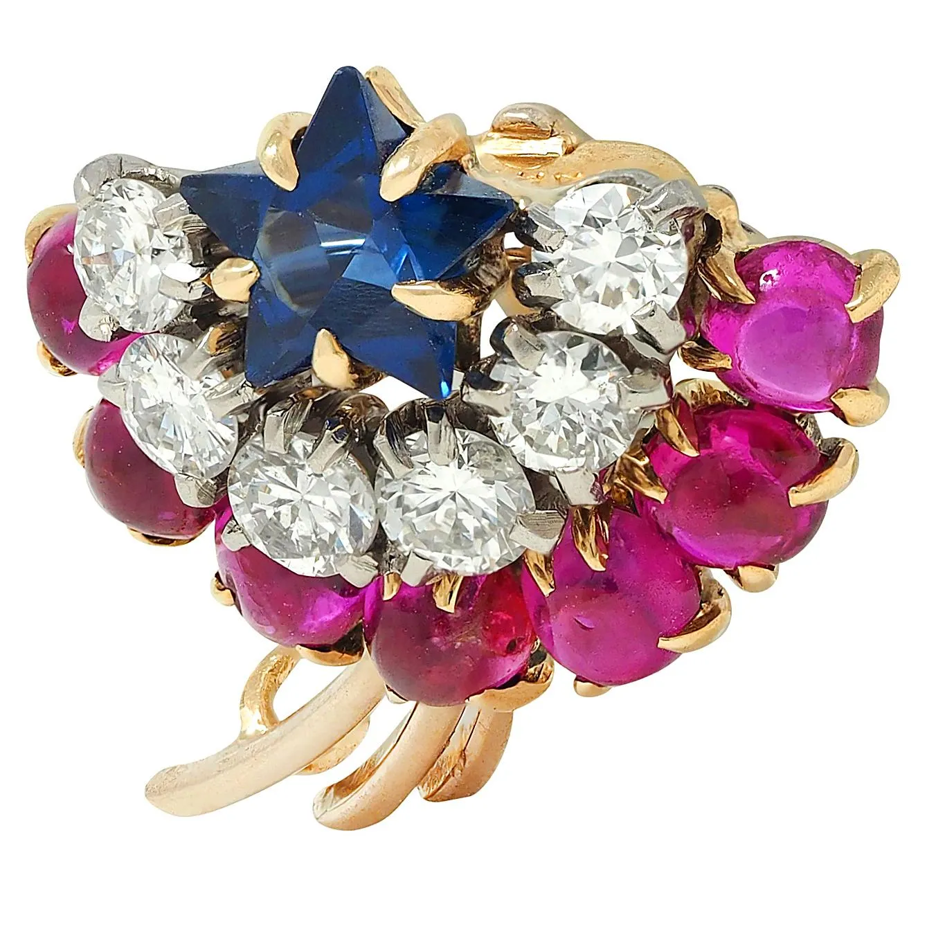 Cartier Retro 14 Karat Yellow Gold Diamond Ruby Sapphire Vintage Shooting Star Unisex Brooch
