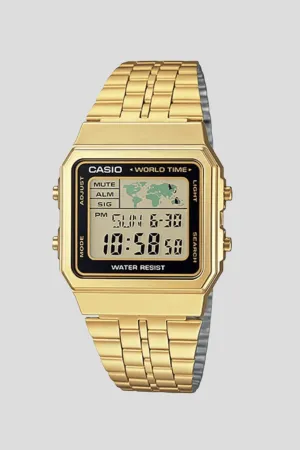 CASIO VINTAGE A500WGA-1D WORLD TIME WATCH - GOLD/BLACK FACE