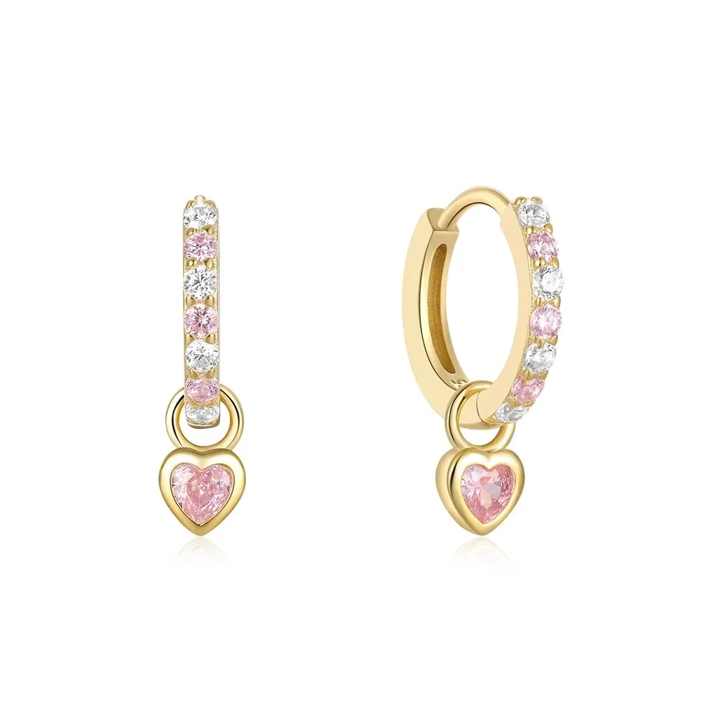 Children's Earrings:  14k Gold over Sterling Silver Green/White CZ Huggies with Green CZ Hearts