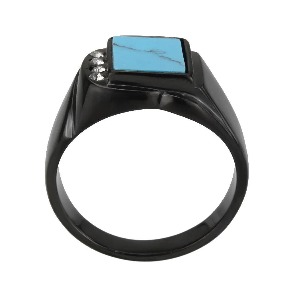 CJ3755 Wholesale Men's Stainless Steel IP Black Sea Blue Turquoise Ring