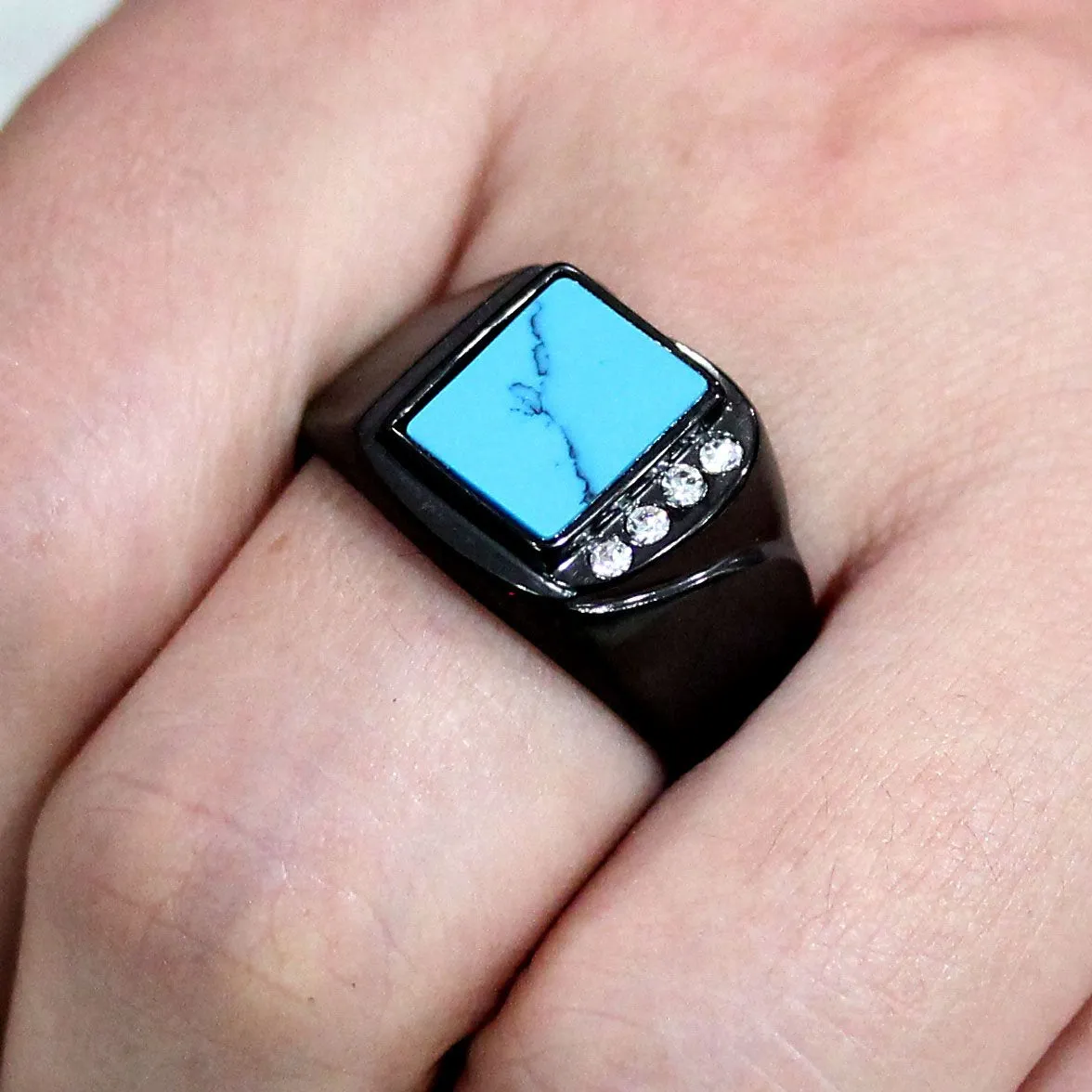 CJ3755 Wholesale Men's Stainless Steel IP Black Sea Blue Turquoise Ring