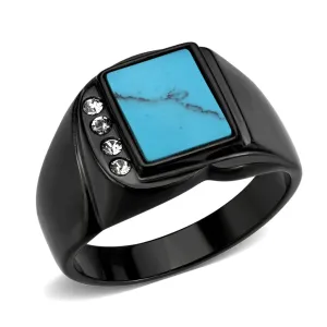 CJ3755 Wholesale Men's Stainless Steel IP Black Sea Blue Turquoise Ring