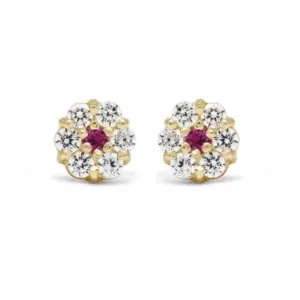 Clear Mini Flower Ruby Center 14K Screw back